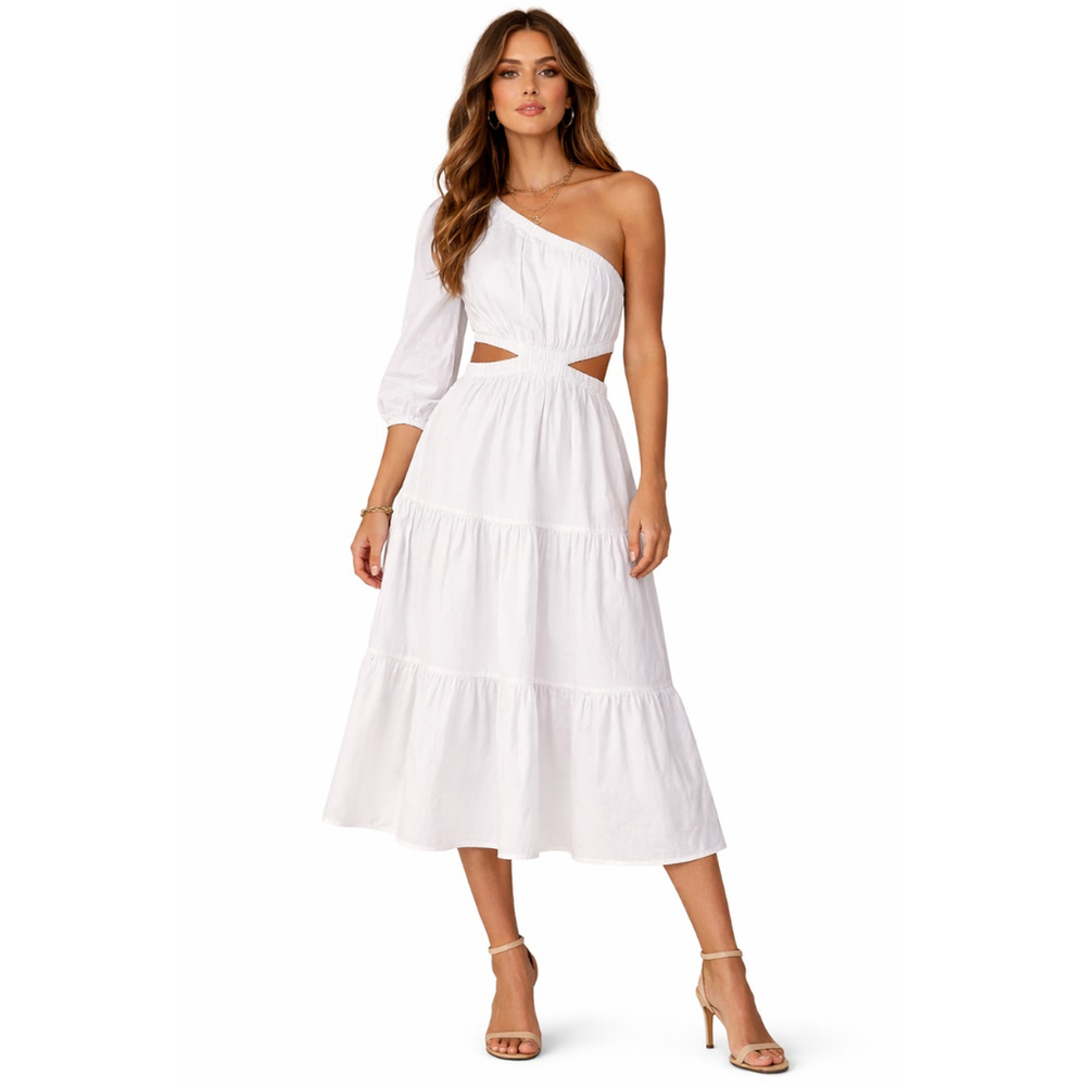 Women’s The Drop “April” One Shoulder Cut-Out Tiered Midi Dress–Size XS – NWT